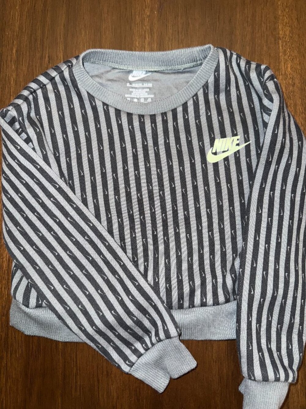 Nike Kids Vintage Gray Black Striped Crewneck Sweatshirt Volt Swoosh